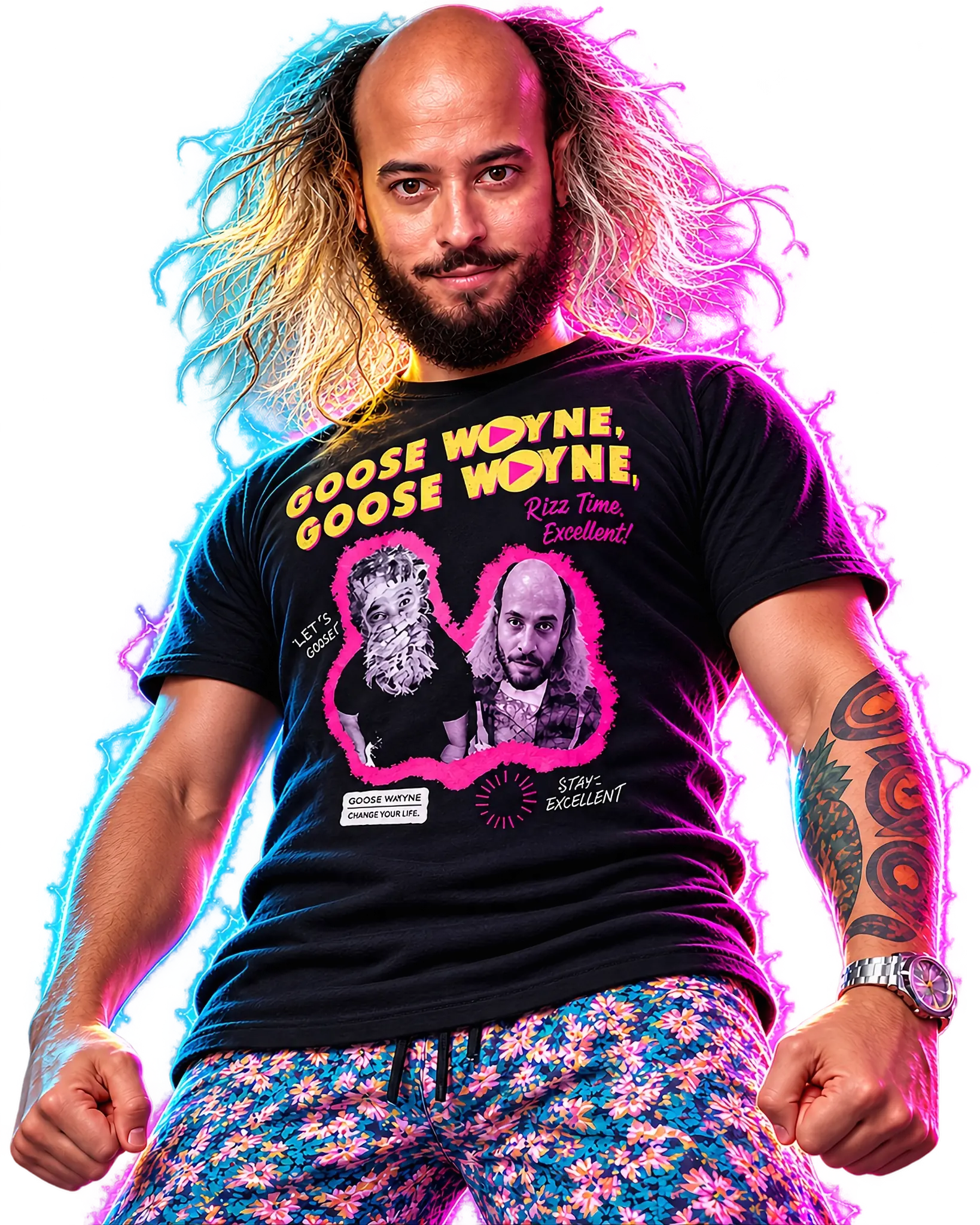 Goose Wayne standing in a neon-lit studio