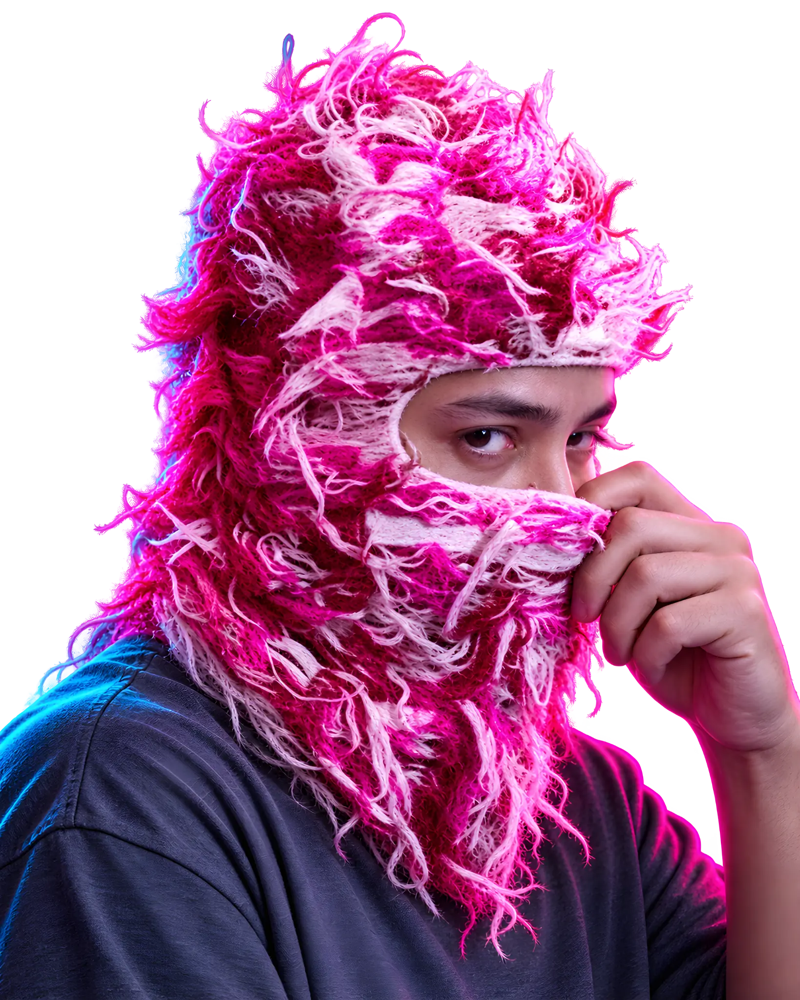Goose Wayne peeking out from a pink and white knit mask